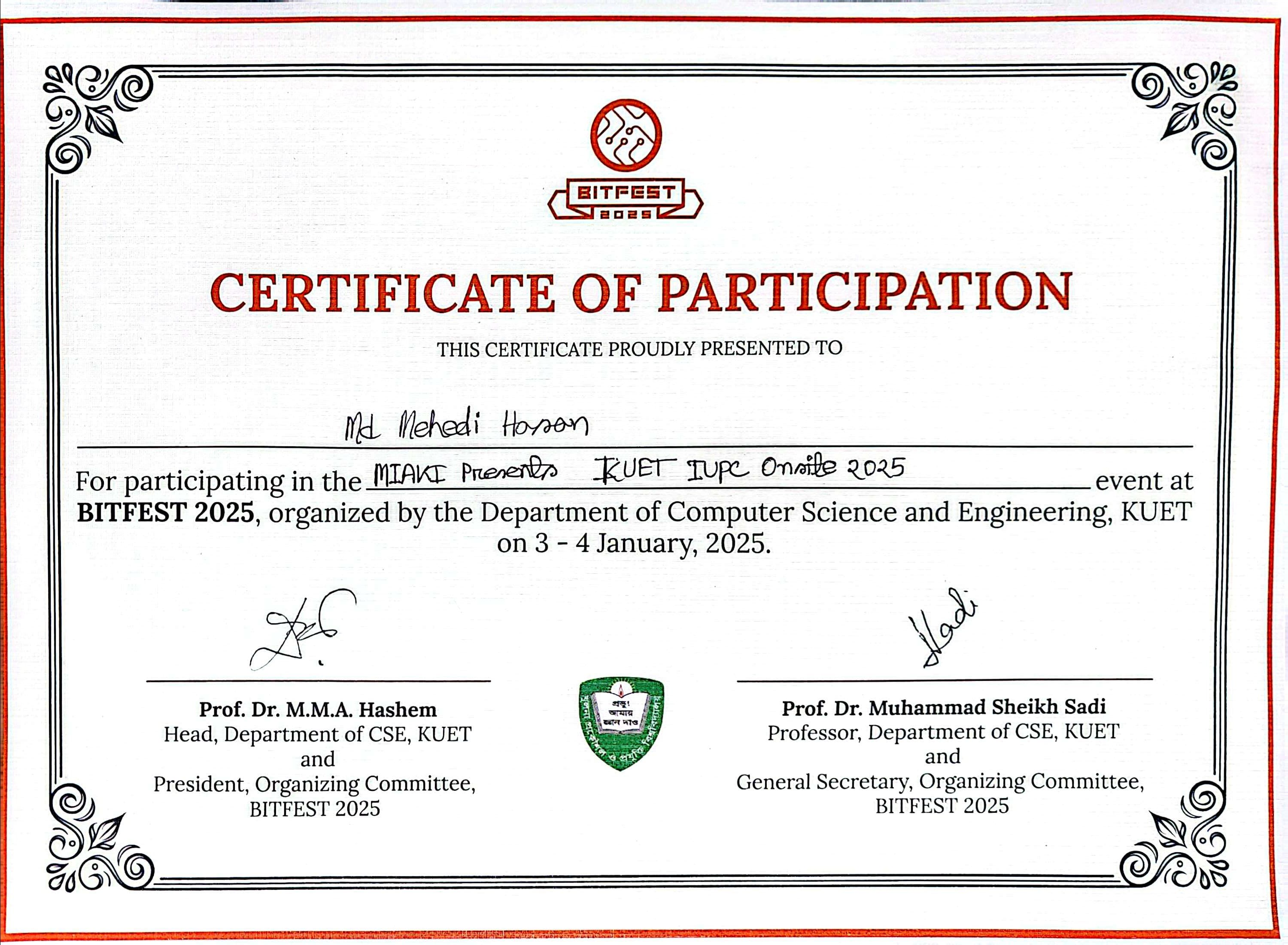 Certificate of Participation - MIAKE KUET IUPC Onsite 2025